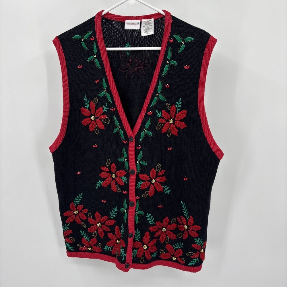 VTG Retro Bobbie‎ Brooks Christmas Sweater Vest XL Embroidered Beads Holiday